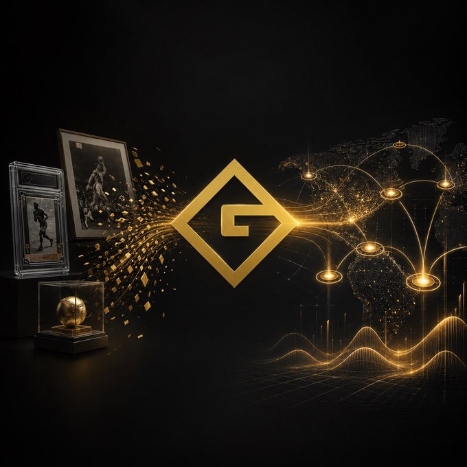 Stylized graphic featuring a glowing gold diamond logo on a black background, flanked by sports memorabilia (a trading card, framed photos, and a baseball in a display case) and a digital world map with network connections.
