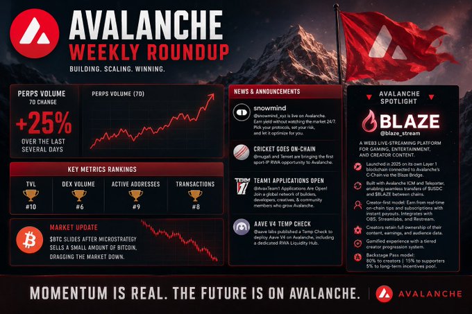 The image features a poster for Avalanche Weekly Roundup with a red flag at the top displaying the word "Avalanche" and a mountain range below it, indicating that this week's roundup is about Avalanche. The poster also includes a list of metrics and their values, such as "Perps volume came alive", which shows how well the Avalanche platform has been performing in terms of trading activity. Additionally, there are several other details like "Key metrics are real" and "Focus on what is in the image".