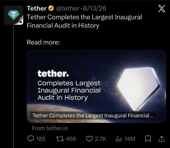 A screenshot of a Tether (@tether) X post dated 8/13/26 announcing "Tether Completes the Largest Inaugural Financial Audit in History," garnering 14M views, 2.7K likes, and 466 retweets, which the caption uses to support speculation that Tether faces regulatory risk similar to KPMG-audited SVB's collapse.