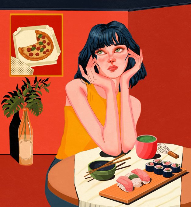 A digital illustration of a woman with short black hair and green eyes in a yellow top, resting her chin on her hands at a table with sushi, chopsticks, and a green cup, with a pizza picture and plant in the red-toned background.