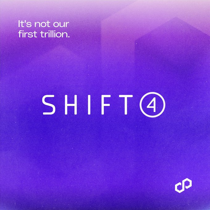 A purple gradient promotional graphic featuring the tagline "It's not our first trillion." alongside the Shift4 logo and the Polygon (0xPolygon) symbol, visually representing Shift4's expansion into blockchain-based payment settlement on the Polygon network for fast, 24/7 merchant payouts.