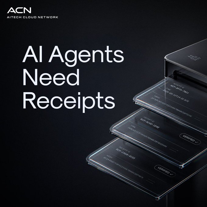 The image shows a clear plastic printer standing upright, displaying "ACN" written in white at its top left corner. Below the printer, there's an advertisement for an innovative AI agent system that needs receipts. The image also contains text asking questions about the AI agent and its capabilities, as well as the need to prove that it spent exactly $50 on a specific set of devices.