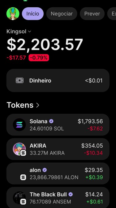 The image shows a Solana wallet screenshot for "Kingsol" with a total balance of $2,203.57 (down 0.79%), holding 24.60 SOL plus tokens including AKIRA, alon, and The Black Bull. It serves as proof of holdings to engage with the post asking fellow Solana enthusiasts to interact for potential trades.