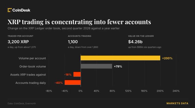 The image is a CoinDesk Markets Data chart titled "XRP trading is concentrating into fewer accounts," showing that volume per account surged +200% to 3,200 XRP traded daily per account, while the number of active accounts dropped -40% to 1,100, despite the total value on the ledger reaching $4.26b (up from $99m six quarters ago). This visual supports the post's claim by illustrating how XRP's growing on-chain value and trading efficiency are being driven by fewer, more active participants—a sign of maturing institutional infrastructure as traditional finance moves onchain.
