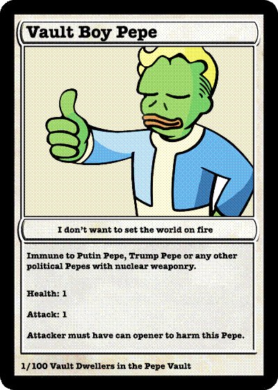 A parody trading card titled "Vault Boy Pepe" from the "Pepe Vault," depicting a green Pepe character giving a thumbs-up with the caption "I don't want to set the world on fire" and stats showing immunity to "Putin Pepe, Trump Pepe or any other political Pepes with nuclear weaponry" (Health: 1, Attack: 1), riffing on the Fall Out Boy album "Save Rock and Roll" artwork to satirize political escalation—fitting the post's theme about Trump choosing between nuclear and economic "printing" options and AI concerns over humanity's fate.