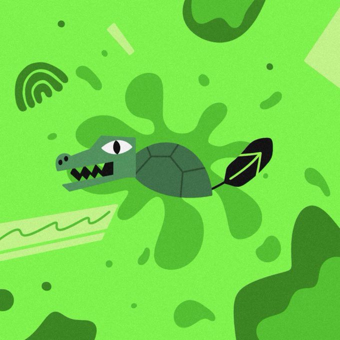 Digital illustration of a crocodile-shaped turtle hybrid creature with an arrow through its tail, set against a green splatter background.