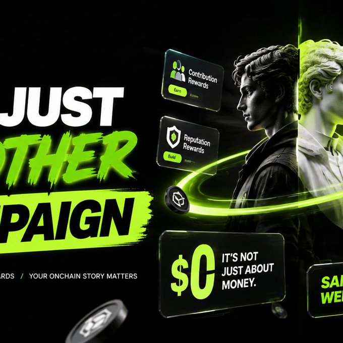 A promotional graphic with the text 'JUST ANOTHER CAMPAIGN' and 'IT'S NOT JUST ABOUT MONEY,' highlighting 'Contribution Rewards' and 'Reputation Rewards' alongside a character wearing a green hoodie.