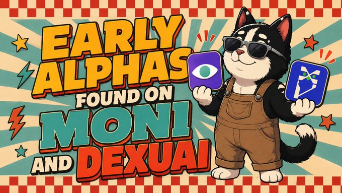 A retro-styled graphic features a black-and-white cartoon cat in brown overalls and sunglasses holding up the Moni and DexuAI logos, with bold text reading "EARLY ALPHAS FOUND ON MONI AND DEXUAI," promoting promising early-stage crypto projects discovered on these platforms like the robotics network Crowdbrain AI.