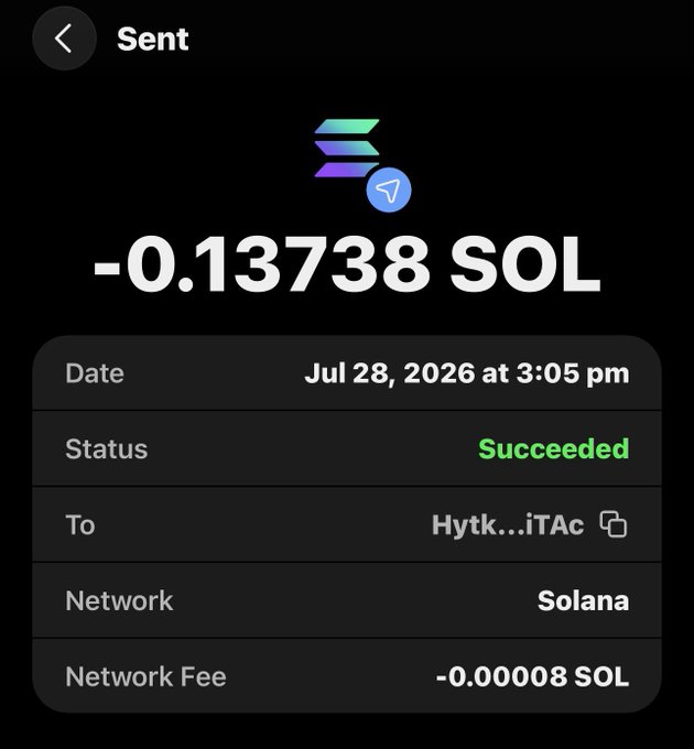 A screenshot of a confirmed Solana transaction showing -0.13738 SOL sent to address "Hytk...iTAc" on July 28, 2026, with a network fee of 0.00008 SOL. The transaction details corroborate the sender's claim of sending $SOL to the recipient.