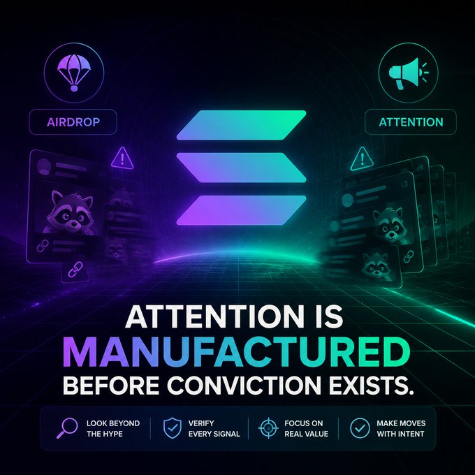 A vibrant graphic with neon purple and green accents shows the Solana logo surrounded by 'AIRDROP' and 'ATTENTION' icons, with the slogan 'ATTENTION IS MANUFACTURED BEFORE CONVICTION EXISTS' and tips like 'LOOK BEYOND THE HYPE' and 'VERIFY EVERY SIGNAL'.