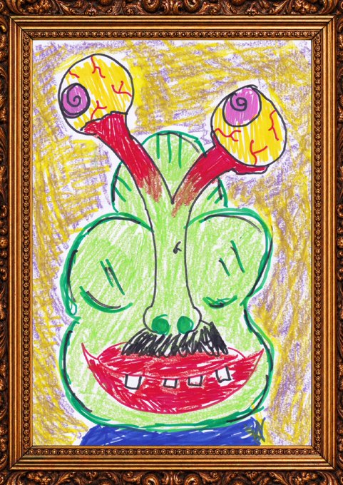 A child's crayon drawing of a green cartoon face with antennae, big red lips, and buck teeth, displayed in an ornate gold frame.