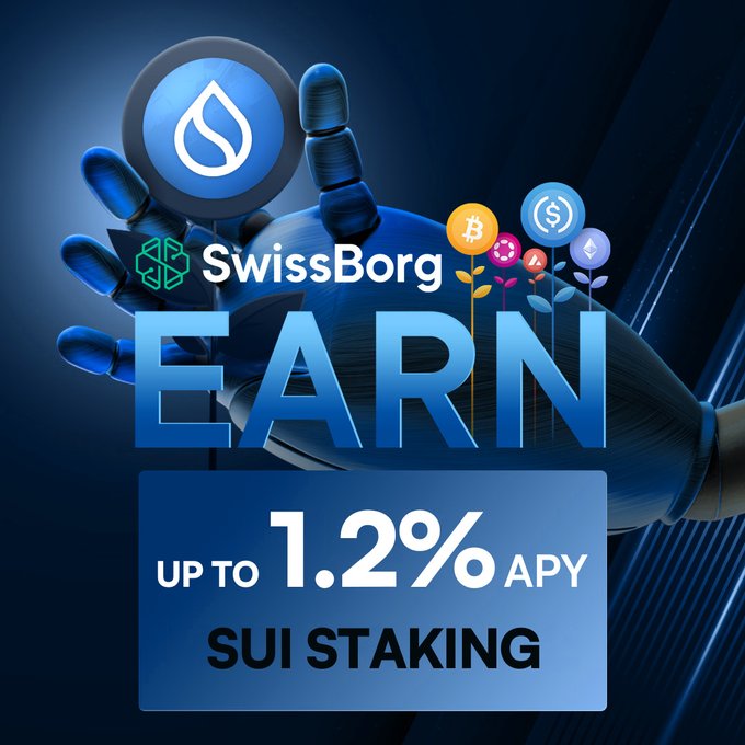 A promotional advertisement for SwissBorg featuring a robotic hand and the text 'EARN UP TO 1.2% APY SUI STAKING' alongside various cryptocurrency icons including Bitcoin.