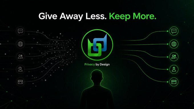 A digital graphic with the text 'Give Away Less. Keep More.' and 'Privacy by Design' featuring a central logo with a silhouetted person and connecting network icons.
