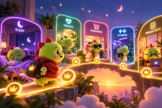A vibrant, cartoon-style illustration of small green dragon-like creatures in a glowing marketplace with neon signs labeled 'SLEEP', 'HEALTH', 'SHOPPING', 'FITNESS', and 'PRODUCTIVITY'.