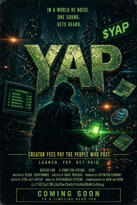 A movie poster for 'YAP' with the tagline 'IN A WORLD OF NOISE, ONE SOUND, GETS HEARD,' showing a hooded figure in a rainy cyberpunk city, with text mentioning 'CREATOR FEES PAY THE PEOPLE WHO POST' and 'USEYAP.FUN' as a 'PUMP.FUN PICTURE'.