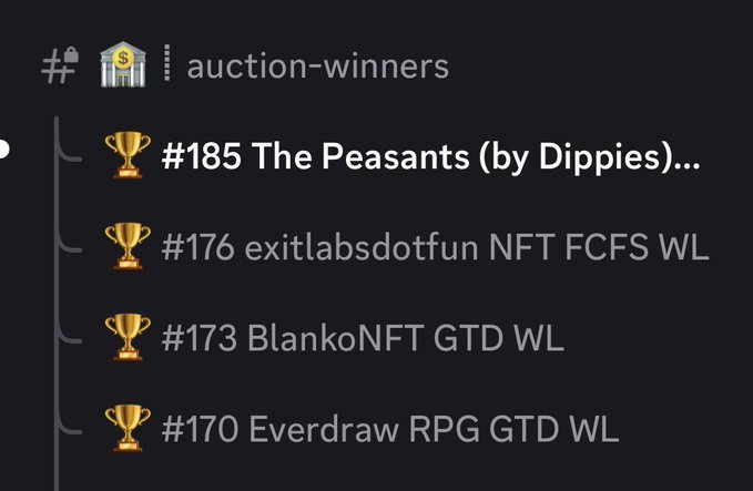 A screenshot of an 'auction-winners' Discord channel lists several NFT giveaways with trophy emojis: '#185 The Peasants (by Dippies)...', '#176 exitlabsdotfun NFT FCFS WL', '#173 BlankoNFT GTD WL', and '#170 Everdraw RPG GTD WL'.