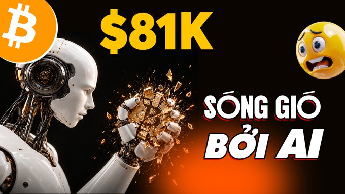 A graphic featuring an AI robot holding shattering gold bars, a Bitcoin logo, a shocked face emoji, and the text "$81K", "SỐNG GIÓ", and "BỞI AI".