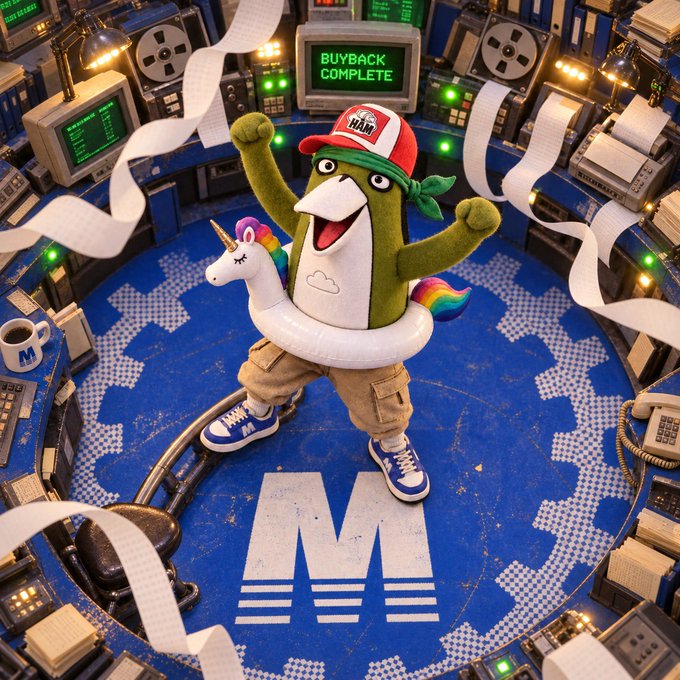 A whimsical 3D-rendered scene featuring a green pickle-like mascot wearing a red 'MM' cap and an inflatable unicorn ring, surrounded by retro computer equipment and flying receipts with a 'BUYBACK COMPLETE' sign.
