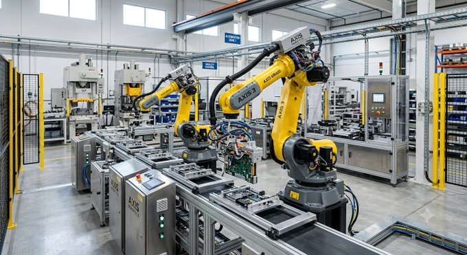 An industrial manufacturing facility features yellow industrial robotic arms on an automated assembly line within a clean factory environment.