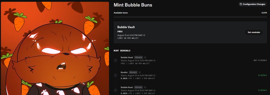 A promotional page for 'Mint Bubble Buns' NFT collection showing an angry cartoon character with carrot patterns, with mint schedule details and pricing in ETH.