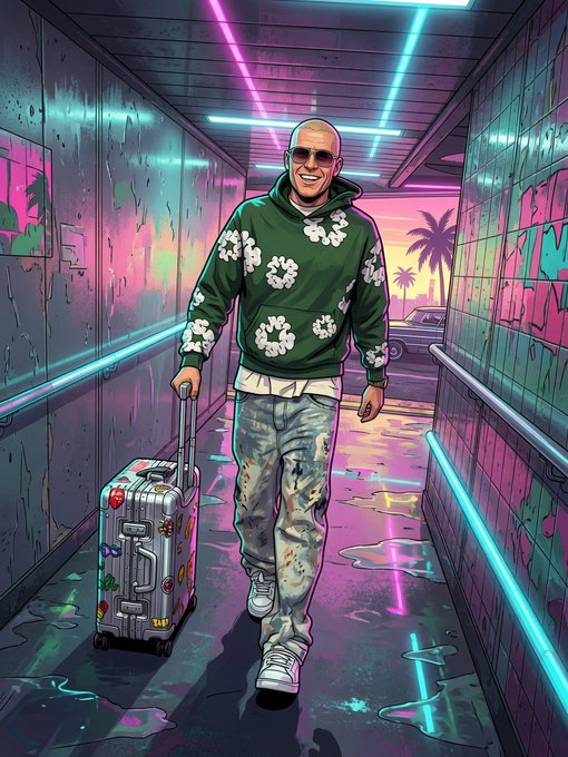 A bald, smiling man in a floral green hoodie and paint-splattered camo pants rolls a silver suitcase through a neon-lit corridor toward a sunset, with no visible text in the image itself—fitting the post's tone of a flashy "get rich quick" pitch aimed at luring engagement.