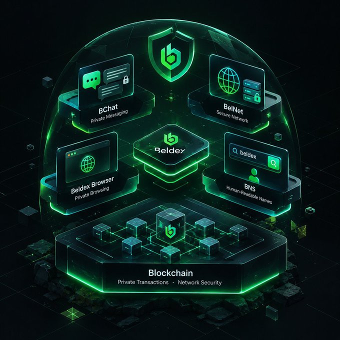 A futuristic green-lit infographic showcases the Beldex ecosystem, featuring labeled modules for "BChat Private Messaging," "BelNet Secure Network," "Beldex Browser Private Browsing," "BNS Human-Readable Names," and a foundational "Blockchain" layer for "Private Transactions · Network Security." The image visually represents the comprehensive privacy infrastructure Beldex is building, complementing the post's discussion of VRF-based PoS consensus aimed at making validator selection more unpredictable and secure.