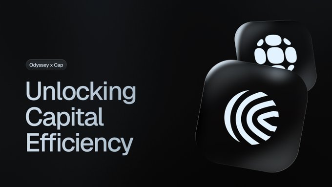 The image is a sleek, dark promotional graphic featuring the text "Odyssey X Cap" in a small badge, alongside a large headline reading "Unlocking Capital Efficiency." On the right, two 3D-styled black app icons are displayed—one showing a cluster of dots and the other featuring the distinctive Cap logo with concentric curved lines. The minimalist design reinforces the post's message about Odyssey significantly expanding its borrowing capacity on the Cap platform.