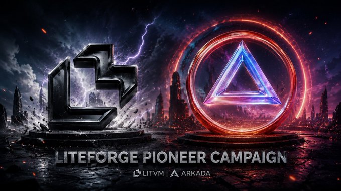 The image features a dramatic split design with a metallic "LF" (LiteForge) emblem on the left amid stormy lightning, and a glowing Arkada triangle logo on the right surrounded by fiery red energy rings—both set against a futuristic, battle-scarred landscape. The text "LITEFORGE PIONEER CAMPAIGN" along with the LITVM and Arkada logos appears at the bottom, visually representing the new forge zone and quests announced in the post for the campaign.