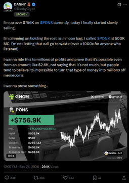 The image shows a tweet from "DANNY" (@DannyCrypt0) posted on Sep 25, 2020, claiming to be "up $756K on $PONS" with a portfolio screenshot showing PML PNL of +$756.9K (+1593.86%), while mentioning plans to hold and sell. This relates to the accompanying post which suggests the claim is fabricated ("LARP"), as evidence indicates the actual wallet sold the $57k on PONS 13 days prior rather than recently, implying the screenshot was borrowed from another person's wallet to falsely display trading profits.