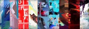 The image features an abstract painting with various colors and shapes arranged horizontally across a gray background. The artwork appears to be a collection of paintings or drawings that are part of a larger series. The artist's name, "NORML", can also be seen in the image. The artworks seem to have different styles and techniques, showcasing the diversity within the series.
