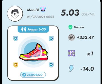 MaruFB profile card for 'Jogger Lv30' dated 07/07/2026 06:14, showing 5.03 GST/Min pace, Human status, +353.47 reward, and -14.0 lightning.