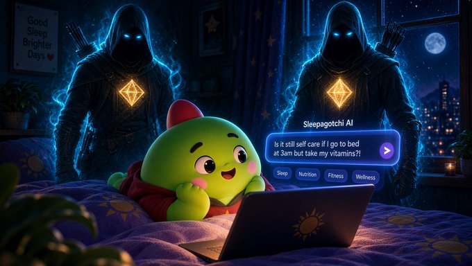 A green cartoon character sits on a bed using a laptop labeled "Sleepagotchi AI", with two dark hooded figures featuring glowing blue eyes flanking the character.