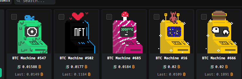 A dark-themed marketplace displays five pixel-art BTC Machine NFT listings (#547, #502, #685, #16, and #666), each priced around 0.015-0.02 BTC, with the tweet celebrating the collection's price doubling to $1000+ amid new attention from Robinhood.