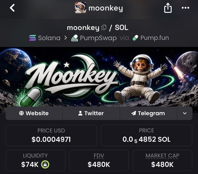 A cryptocurrency token page for "moonkey" on the Solana network, showing a price of $0.0004971 and a market cap of $480K.