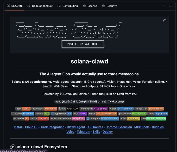 A GitHub README page for 'solana-clawd' - 'The AI agent Elon would actually use to trade memecoins', powered by xAI Grok and $CLAWD.