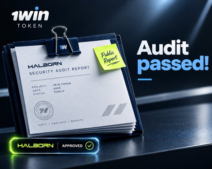 A '1WIN TOKEN' promotional image announcing that the Halborn Security Audit Report has passed, dated 2026.