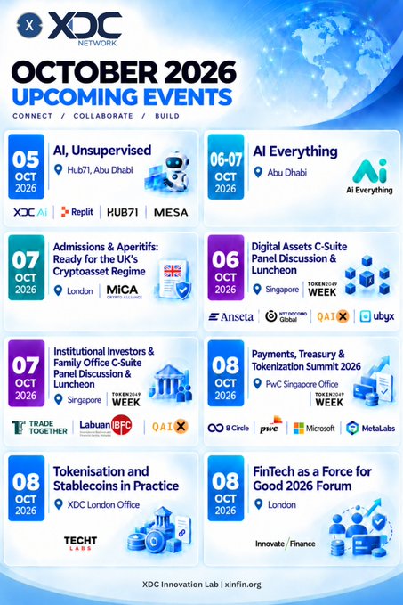 Promotional graphic for XDC Network October 2026 upcoming events, listing various conferences and summits including AI Everything in Abu Dhabi, Admissions & Aperitifs in London, and Payments Treasury & Tokenization Summit in Singapore.