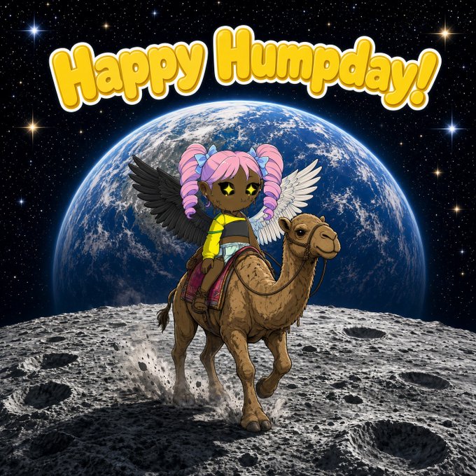 A "Happy Humpday!" graphic features a dark-skinned anime character with pink hair, starry eyes, and wings riding a camel across a lunar landscape with Earth in the background.