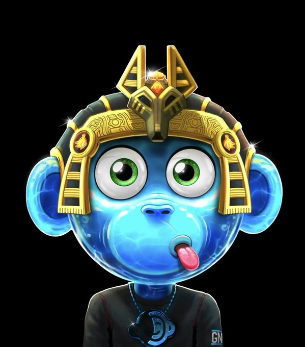 A stylized blue monkey avatar wearing an ornate golden warrior helmet sticks its tongue out playfully, with a Cartoon Network (CN) logo visible on its clothing, relating to the OnChainMonkey NFT collection's !RISE campaign.