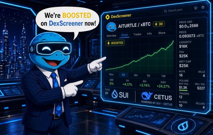 A cartoon turtle in a suit announces 'We're BOOSTED on DexScreener now!' next to a trading chart for AITURTLE/xBTC showing a price of 0.093073 xBTC and rising gains across timeframes.