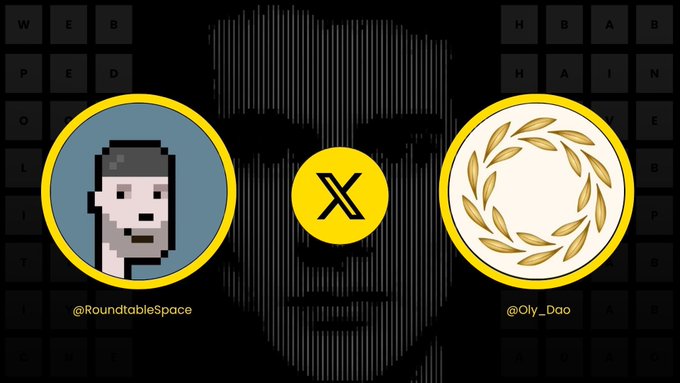 A graphic featuring two circular avatars (@RoundtableSpace showing a pixelated face, and @Oly_Dao showing a laurel wreath) separated by a yellow X, with a faded face and letter grid in the background.