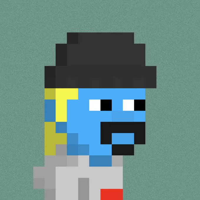 Pixel art character with blue skin, black hat, yellow hair, and a mustache on a green background.