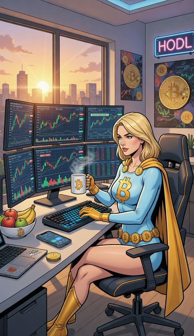 A blonde crypto trader in a Bitcoin-themed costume sits confidently at a multi-monitor trading station during sunrise, sipping from a Bitcoin mug beside a "HODL" neon sign and a "Bitcoin" poster. The image perfectly captures the post's bullish morning energy, with rising charts on the screens matching the "pump time" and "gains" excitement.