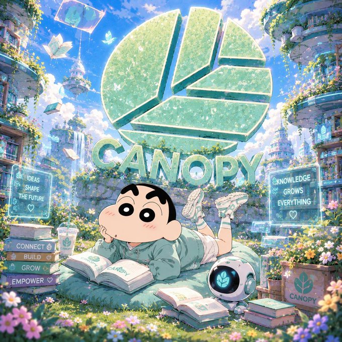A vibrant illustration features the Crayon Shin-chan character reading a book beneath a green "CANOPY" logo, with messages like 'IDEAS SHAPE THE FUTURE' and 'CONNECT, BUILD, GROW, EMPOWER.'