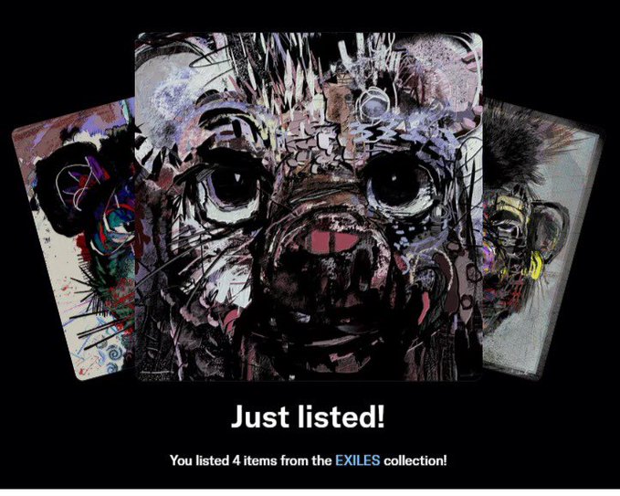 Three NFT trading cards from the "EXILES" collection are displayed with text reading "Just listed! You listed 4 items from the EXILES collection!".
