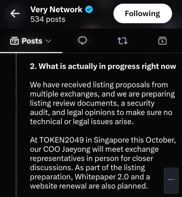 Screenshot from Very Network (534 posts) showing section "2. What is actually in progress right now," discussing listing proposals, security audits, and meetings at TOKEN2049 Singapore with COO Jaeyong, including plans for Whitepaper 2.0.