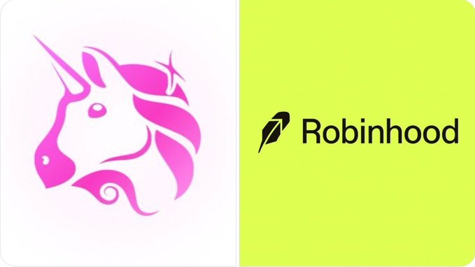 The image shows the logos of Uniswap (a pink unicorn) and Robinhood (a feather and the word "Robinhood"), representing their collaboration for expanded crypto trading. This visual directly supports the news of Uniswap launching full support on Robinhood Chain.