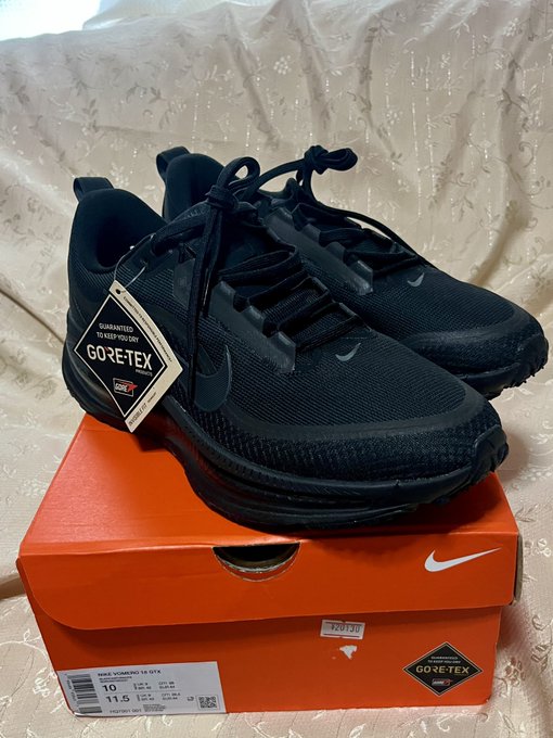 The image features a pair of black Nike sneakers placed inside an orange shoebox, with the box open and displaying the shoe's label. The shoes are positioned side by side, showcasing their design and color. The background appears to be a white cloth or fabric, which contrasts nicely with the black sneakers. The text on the label reads "Nike GTE", indicating that these are Nike athletic shoes.