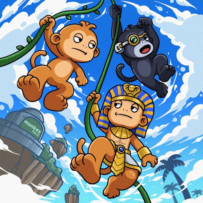 Three cartoon monkeys swing on vines through a vibrant sky scene—one wears an Egyptian pharaoh headdress and golden accessories, another sports round green-tinted goggles, and a third grins mischievously—while a floating landmass labeled "monkey food" drifts below. The image whimsically illustrates the post's theme of "monkes searching for their RWA loot," with the adventuring primates on a treasure-hunting quest.