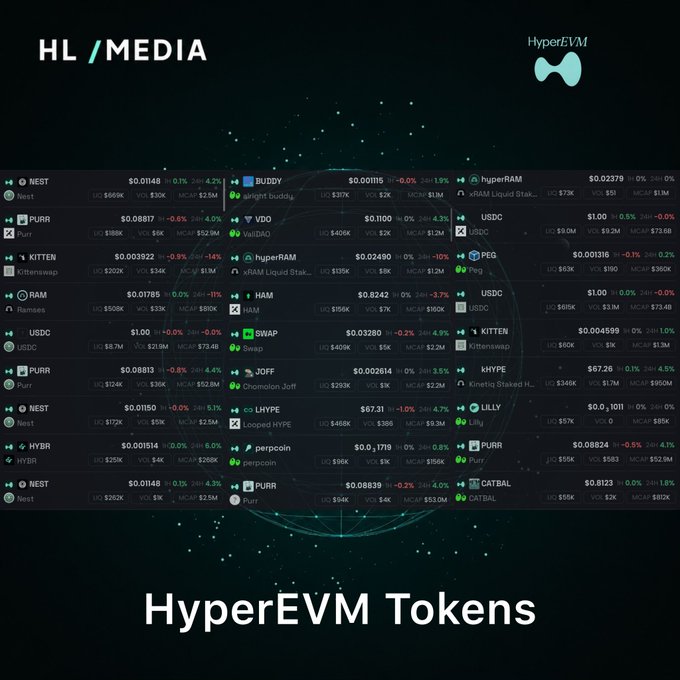 A dashboard titled 'HyperEVM Tokens' by HL/MEDIA displaying a grid of cryptocurrency tokens including NEST, BUDDY, Purr, VDO, USDC, RAM, NAM, and others with their prices and market data.